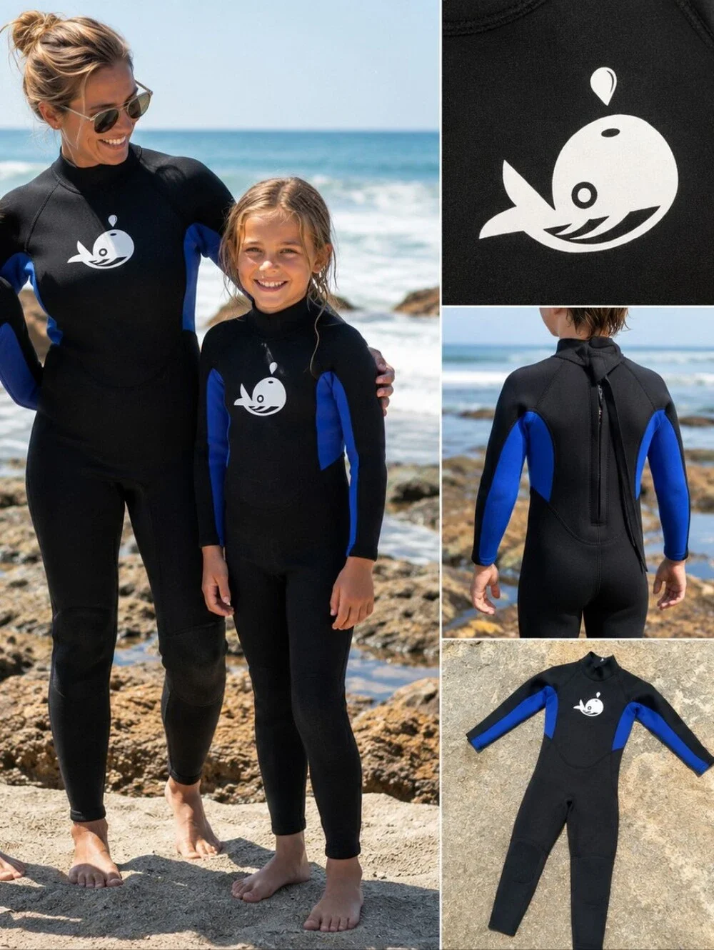 NWOT Youth XS Full Neoprene Wetsuit Back Zip Black Blue Swim Surf Kayak Snorkel